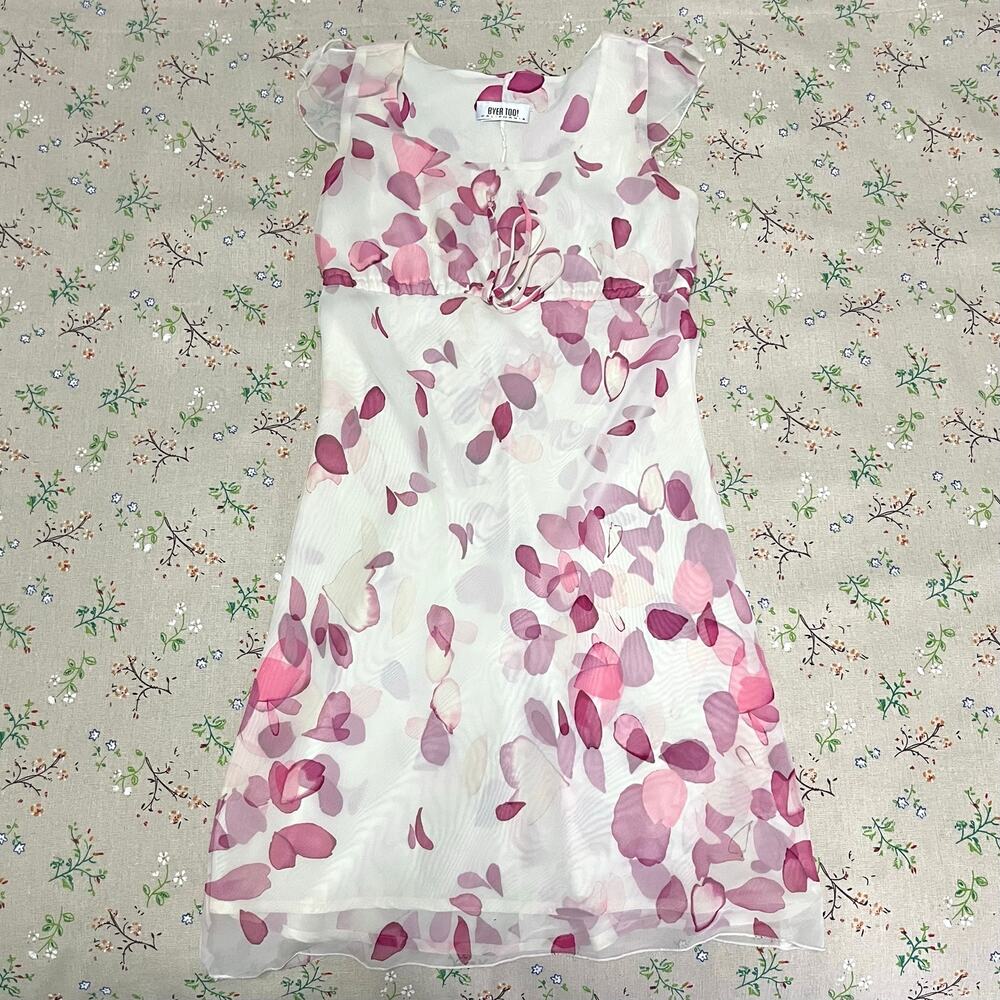 VTG Byer Too! Y2K Floral Babydoll Mini Dress Drawstring White Pink Sz 7 Cottage
